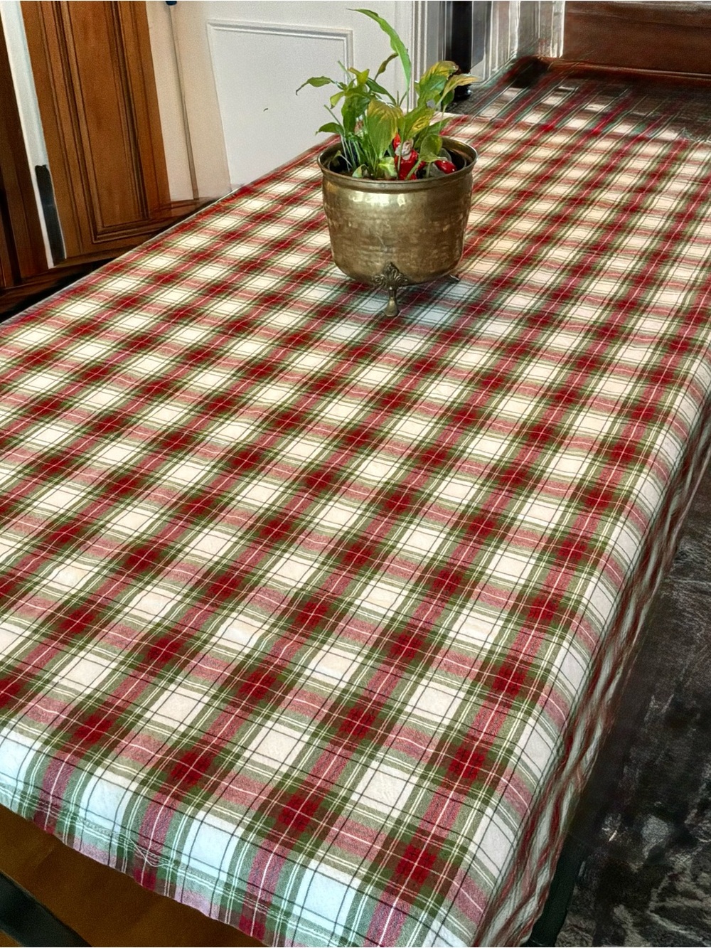 100% Cotton DII Brand Heritage Plaid Red Green & White Tablecloth  74”W X 54”L